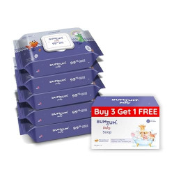 Bumtum Baby Gentle 99% Pure Water Wet Wipes with Lid - 360 Pcs.(Pack of 5) & Baby Soap (4N x 50 Gram) Combo