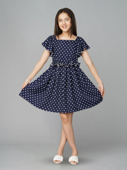 BAESD Girls Polka Dot Printed Flutter Sleeve Ruffled Fit & Flare Dress