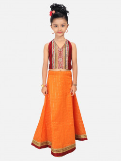 SALWAR STUDIO Girls Maroon & Orange Embellished Ready to Wear Lehenga &