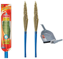 Gala Dust go Floor Virgin Plastic and Special Brush Set with Dustpan (Assorted) + Gala No Dust Floor Broom Synthetically Engineered bristles Blue Pack of 2