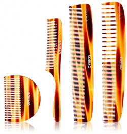 Amazon Brand - Solimo Handmade Brown Set of 4 Combs 1 U-Shaped Fine-Tooth, 1 Curved-Handle, 1 Curved-Back Fine-Tooth 1 Curve-Edge All-Purpose Comb