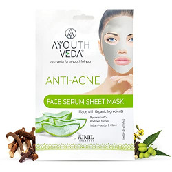 Ayouthveda Anti Acne Face Serum Sheet Mask |Makes skin Soft & Shiny | With the Goodness of Aloe Vera, Neem, Clove & Berberis | Daily Glow Sheet Mask For Hydrated Skin (Pack Of 1-20g)