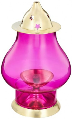 Amazon Brand - Solimo Brass Akhand Jyot with Pink Borosilicate Glass Festival Essential