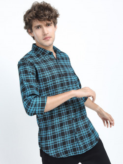 KETCH Men Navy Blue Slim Fit Tartan Checks Casual Shirt
