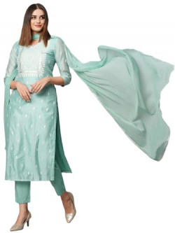 GoSriKi Women's Cotton Blend Floral Straight Kurta with Pant & Dupatta (Sawre Pista-GS S)