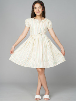 BAESD Printed Peter Pen Collar Puff Sleeve Fit & Flare Cotton Dress