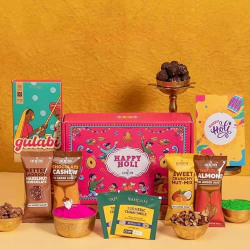 Holi Gift Box - 8 Item Gift Hamper with Gulaal, Chocolate Coated Nuts, Hazelnut Chocolate Laddoo & more