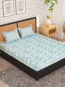 Story@home Turquoise Blue Floral 180 TC Queen Bedsheet With 2 Pillow Covers