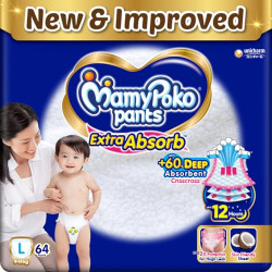 MamyPoko Pants Extra Absorb Baby Diapers, Large (L), 64 Count, 9-14kg