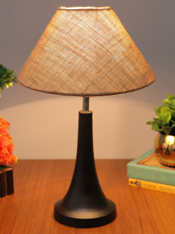 Homesake Brown & Black Matte Finish Table Lamp With Textured Jute Lampshade