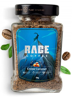 RAGE COFFEE Creme Caramel - Flavored Instant Coffee Powder for both Hot & Cold Coffee, 100% Single Origin Arabica Coffee Beans Powder, Premium Coffee Infused with Plant Vitamins (CREME CARAMEL, 50g)
