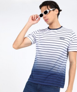 PROVOGUE Striped Men Round Neck Navy Blue T-Shirt