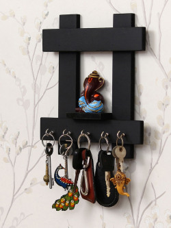 ECRAFTINDIA BLACK & BROWN LORD GANESHA WOODEN KEY HOLDER WITH 5 KEY KNOBS