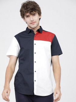 HIGHLANDER Men Navy Blue Slim Fit Opaque Colourblocked Casual Shirt