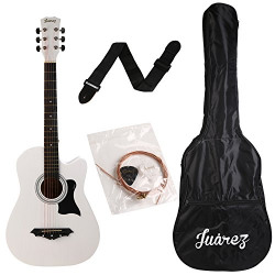 Jurez JRZ38C/WH 6 Strings Acoustic Guitar 38 Inch Cutaway, Right Handed, White with Bag, Strings, Picks and Strap