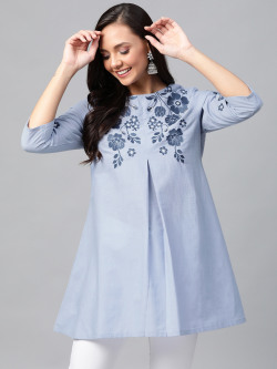 HERE&NOW Women Blue Embroidered Pure Cotton A-line Kurti