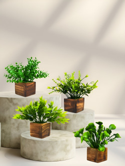 DECOREBUGS Green & Brown 4 Pieces Artificial Plant With Wooden Pot