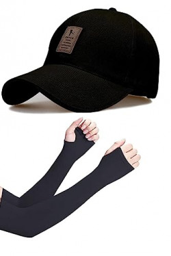 SELLORIA Brand Soft Cotton Adjustable Unisex Cap and Hand Glove Quick Drying Sun Protection for Men and Women Freesize Baseball Caps (Pack of 2) (Black)