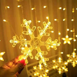 Lexton Snowflake Curtain String Light with Star | 138 Led Curtain Light | Warm White | 6 Snowflakes & 6 Stars | for Indoor Decorations, Christmas, Wedding, Party, Birthday