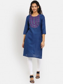 V-MART WOMEN NAVY BLUE YOKE DESIGN THREAD WORK PURE COTTON THREAD WORK KURTI