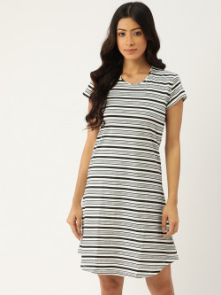 ETC Women Off White & Black Pure Cotton Striped T-shirt Nightdress