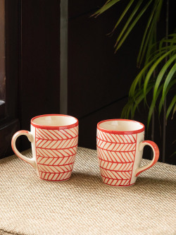 ExclusiveLane Red & Cream-Coloured Set of 2 Handcrafted Ceramic Glossy Mugs Set (260 ML)