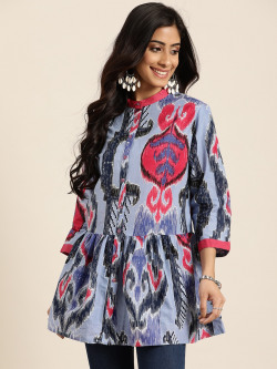 Sangria Women Blue & Pink Printed Pure Cotton A-Line Top