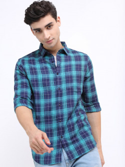 KETCH Men Navy Blue Slim Fit Tartan Checks Checked Casual Shirt