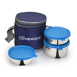 oliveware Lovely Stylo Lunch Box, Leak Proof & BPA Free Lid, 3 Stainless Steel Containers (2x290ml & 450ml), Fabric Jacket - Blue