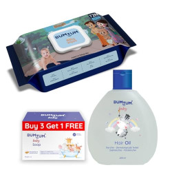 BUMTUM CHOTA BHEEM GENTLE SOFT MOISTURIZING WET WIPES WITH LID - 72 PCS.(PACK OF 1) & BABY SOAP (4N X 50 GRAM) & BABY HAIR OIL (200 ML) COMBO