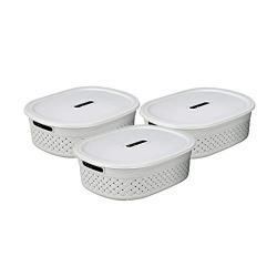 KOLORR STITCH PLASTIC STORAGE BASKET LARGE WITH LID - DAISO GREY (PACK OF 3) WITH SIDE GRIP MULTIPURPOSE: ORGANISER BASKET FOR HOME, KITCHEN, WARDROBE, FRUITS, VEGETABLES, TOYS, STATIONARY