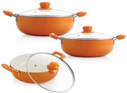NIRLON Ceramic Coated Aluminum Kadai with Glass Lid 3pcs Set Induction