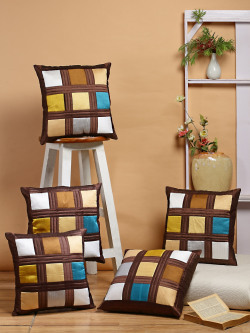 DREAM WEAVERZ Coffee Brown & Blue Set of 5 Colourblocked Square Cushio