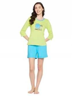 CLOVIA WOMEN'S COTTON PRINT TOP & CHIC BASIC SHORTS SET (LS0661A11_GRE