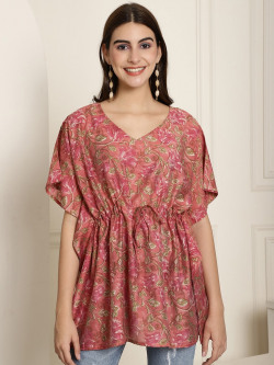 AAWARI PINK FLORAL PRINT EXTENDED SLEEVES PURE SILK KAFTAN LONGLINE TO