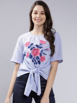 TOKYO TALKIES WOMEN BLUE EMBROIDERED BOXY PURE COTTON TOP