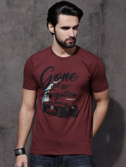 ROADSTER MEN MAROON PRINTED ROUND NECK PURE COTTON T-SHIRT