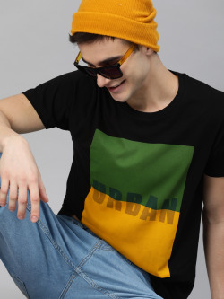 HERENOW Men Black Green Colourblocked Cotton Pure Cotton T-shirt