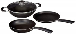 Amazon Brand - Solimo 3 Pcs Non Stick Cookware Set - Aluminium, Black