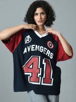 Kook N Keech Women Varsity Printed V-Neck Bio Finish Applique T-shirt
