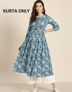 WOMEN FLORAL PRINT COTTON RAYON ANARKALI KURTA(BLUE)