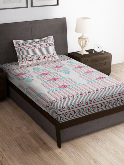 STORY@HOME BEIGE & BLUE FLORAL 180 TC SINGLE BEDSHEET WITH 1 PILLOW CO