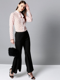 Besiva Women Pink & Black Polka Dot Print Shirt Style Top
