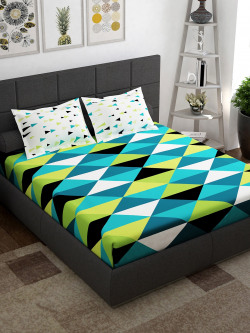 STORY@HOME VENTURA TEAL BLACK GEOMETRIC 144 TC COTTON QUEEN BEDSHEET 2