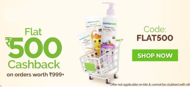 Get Flat Rs 500 mamaearth wallet cashback on order above Rs 999