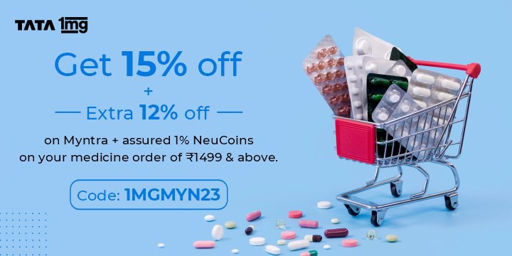 15% Off + Extra 12% Off On 1mg ๐ + on Myntra, Get 15% off & Extra 12% off on your orders + assured 1% neucoins on your meds of โน1499+ ๐ค