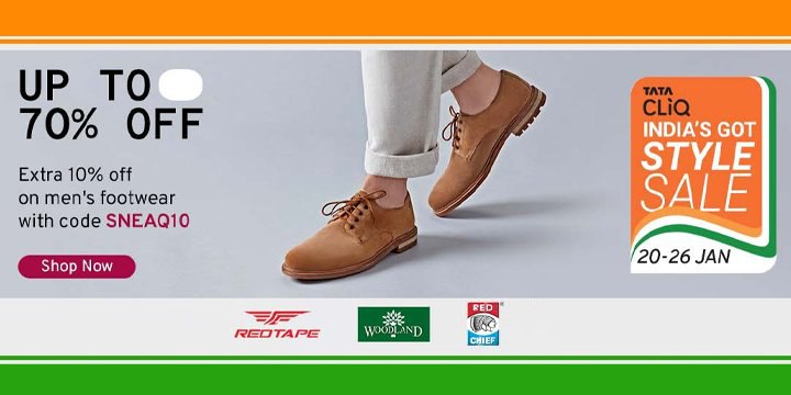 Shop up to 70% off on your orders from Tatacliq sitewide + Extra 10% off on mens footwear 🤑