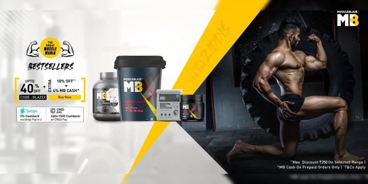 Shop now from Muscleblaze & Get best seller products at up to 40% off on your purchase + Extra 10% off & 4% MB cash π€