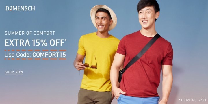 Shop now from Damensch & Get a men's top wear collection at up to 25% off on your purchase + Extra 15% off on orders above Rs.2500 🤑
