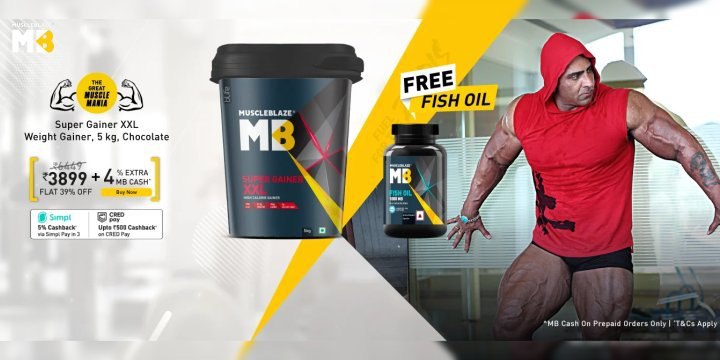 Shop now from MuscleBlaze & Get XXL Weight Gainer, 5 kg worth Rs.6449 at Rs.3899 + Free fish Oil 30 capsules worth Rs.399 π€